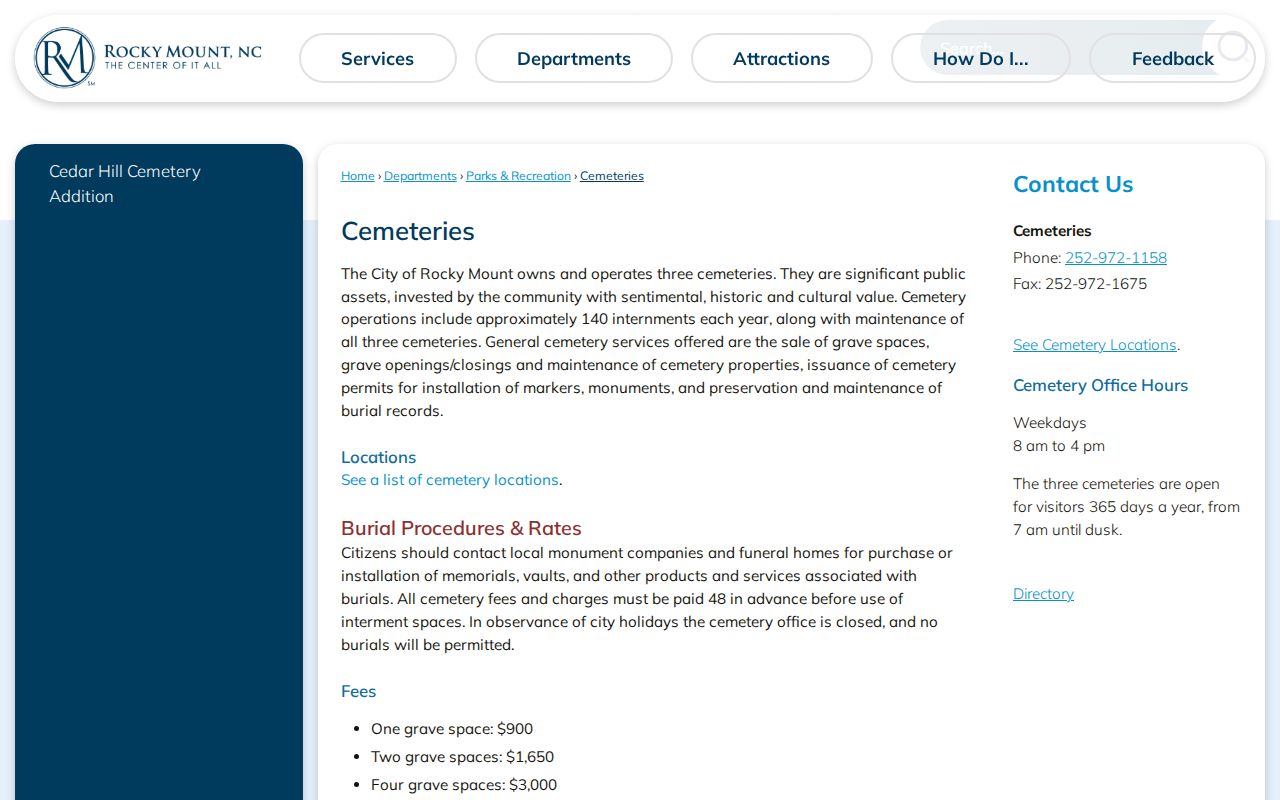 Rocky Mount residents directory municipal cemetery records page