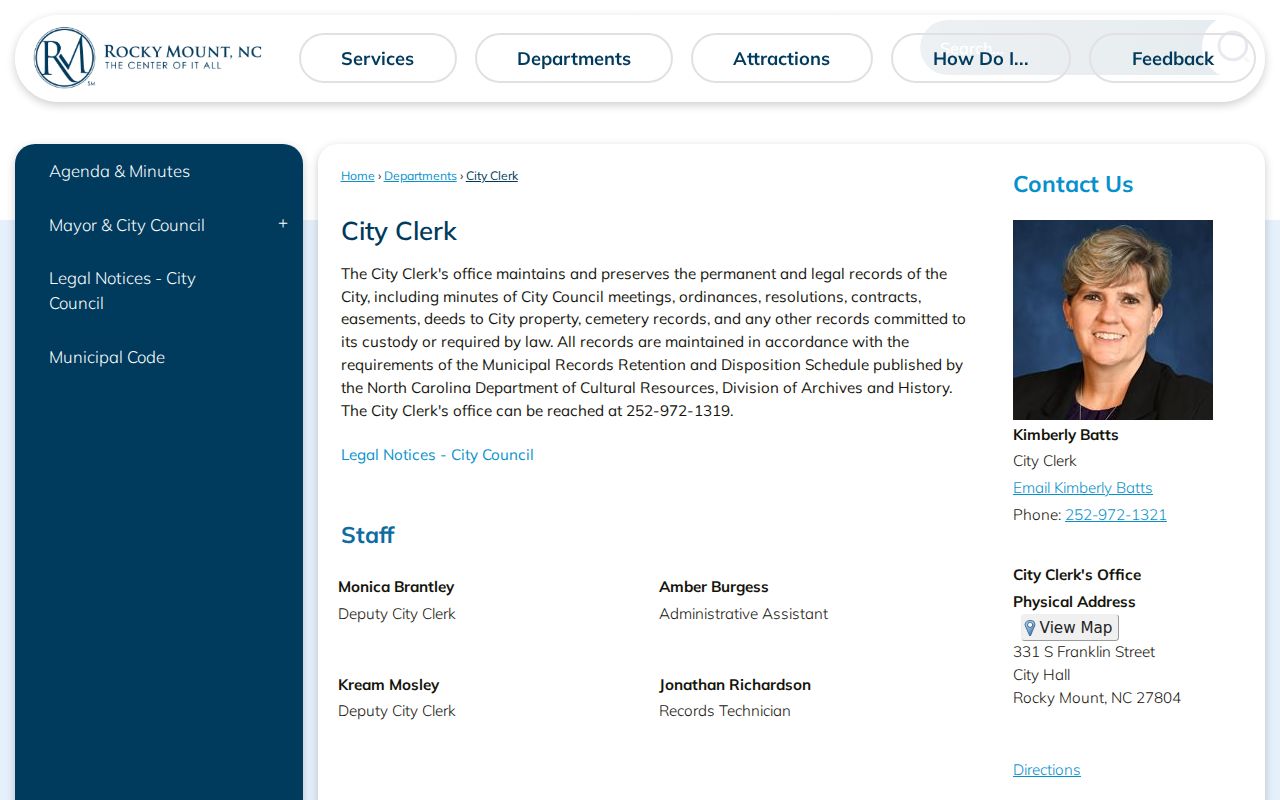 Rocky Mount residents directory City Clerk public records page